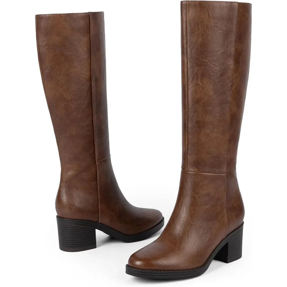 Women's Retro Brown Chunky Heel Round Zipper Winter Dress Tall Knee High Boots